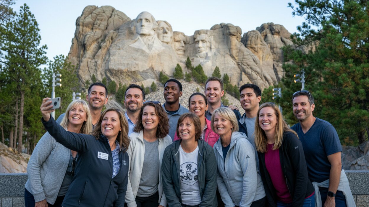 Tour group with Mount Rushmore Four Presidents in background